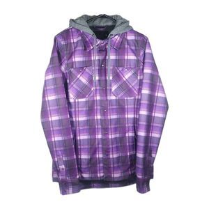 Volcom Women Circle Flannel SZ M Purple Plaid Insulated Hooded Snowboard Jacket